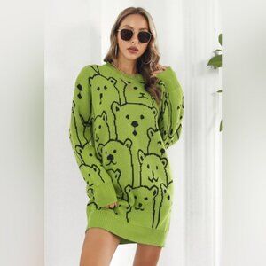 Bear Pattern Round Neck Sweater Dress